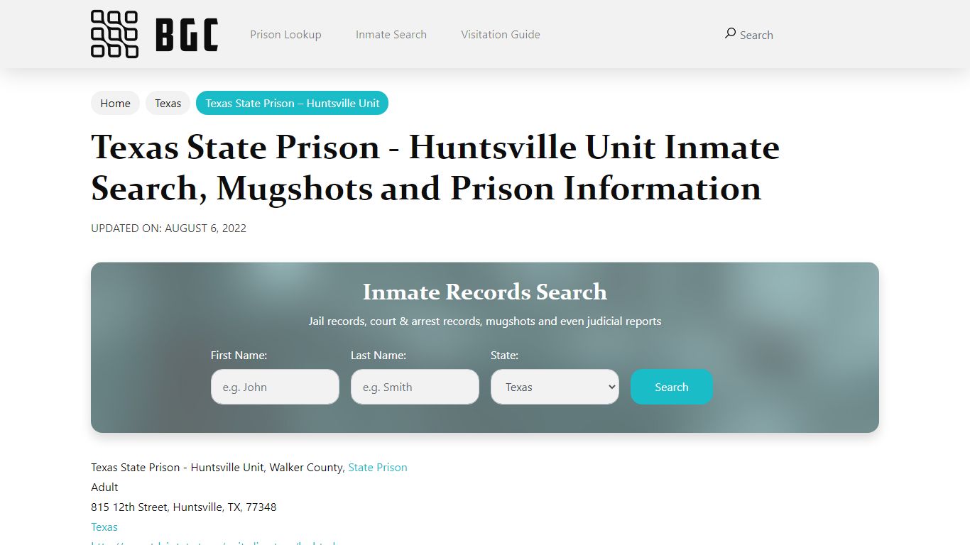 Texas State Prison - Huntsville Unit Inmate Search ...