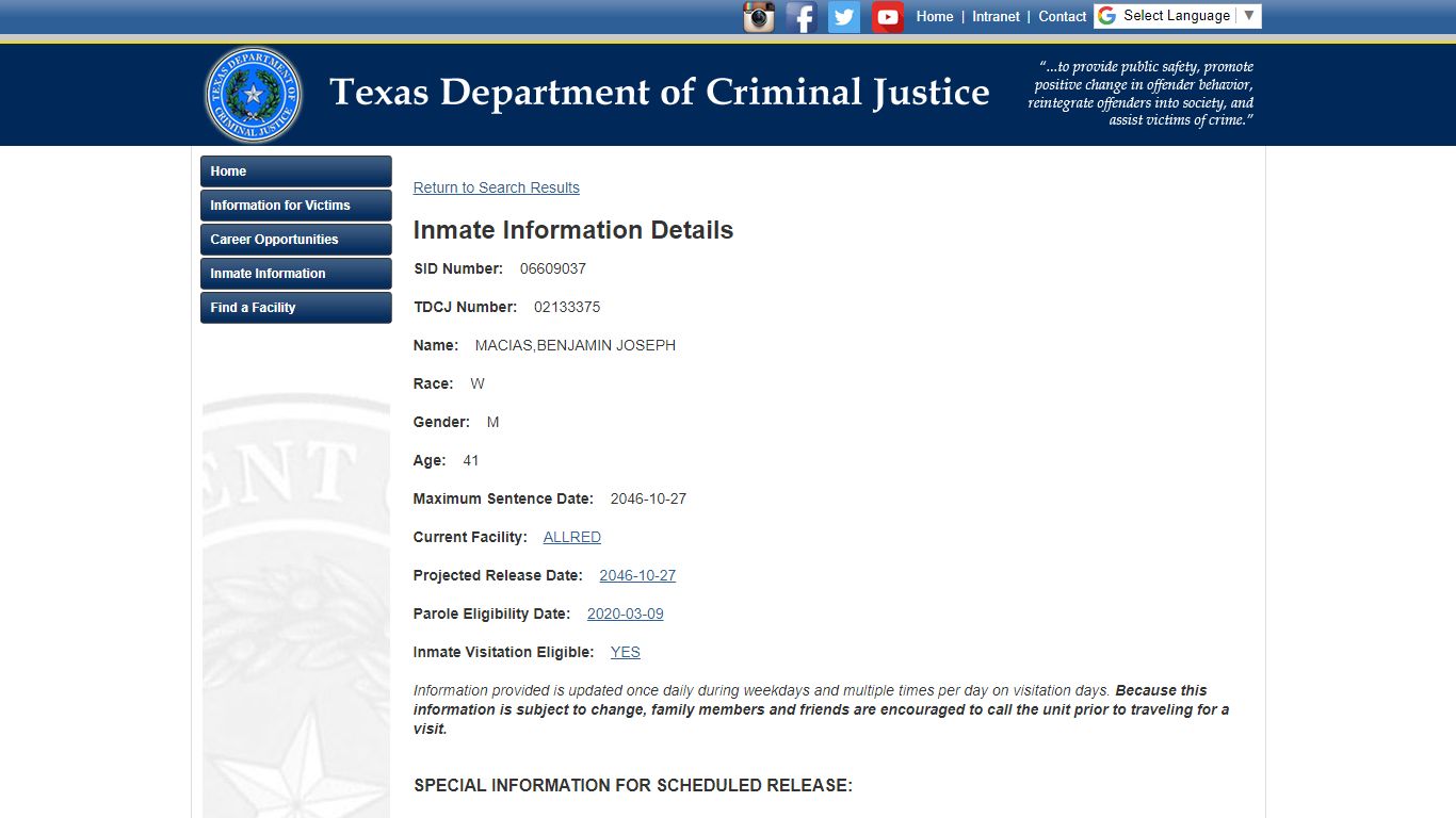 Texas Department of Criminal Justice Inmate Search